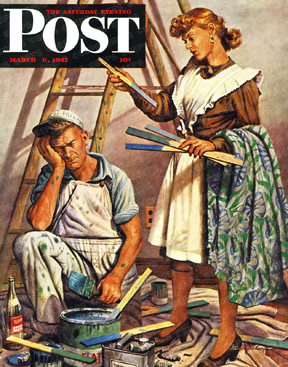 Woman examining colors; painter waiting