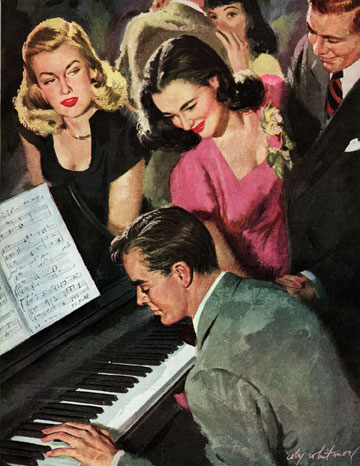 Blonde woman leers at brunette looking at piano player