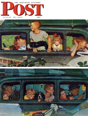 Split cover of family in car coming and going
