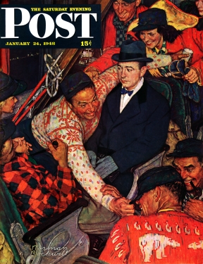 Commuter crowded in among snow skiers