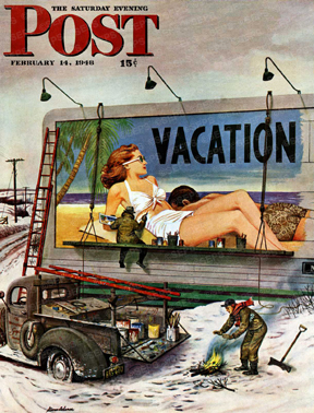 Cold billboard painters doing sunny vacation sign