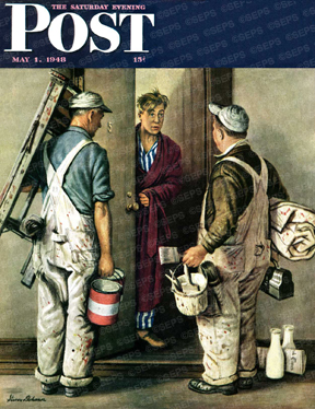 Sleepy man greets apartment painters