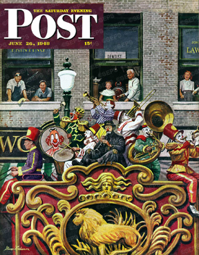 Watching clown band in circus parade