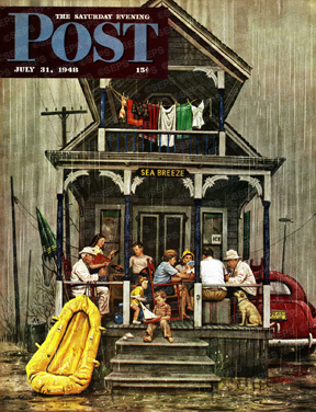 Family on cabin porch during rain