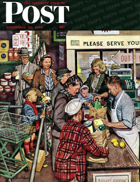 Man with one item in long grocery line