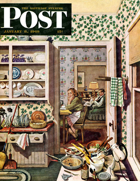 Husband reading, wife looks at dirty dishes in kitchen