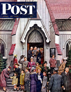 Congregation leaving church on Easter