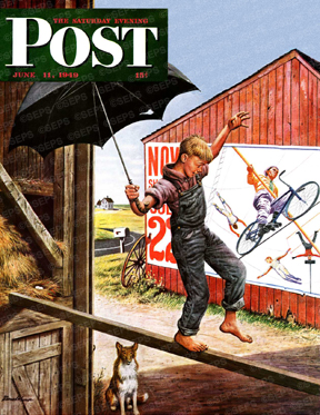 Boy practicing "tightrope walking" on fence