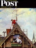 Man mounting TV antenna on rooftop