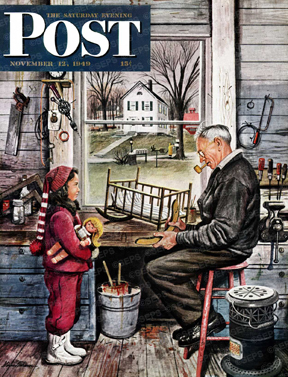 Grandpa fixing girl's doll cradle