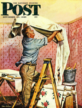 Frazzled man trying to hang wallpaper