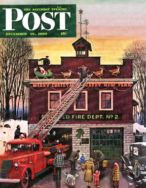 Fireman decorating firehouse for Christmas