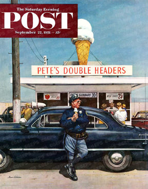 Policeman eating ice cream cone at drive-in