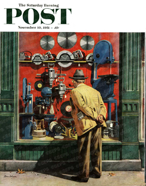 Man looking at power tools in store window