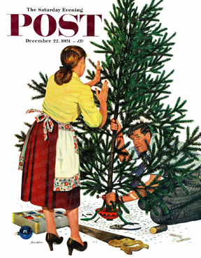 Wife supervising husband putting up tree