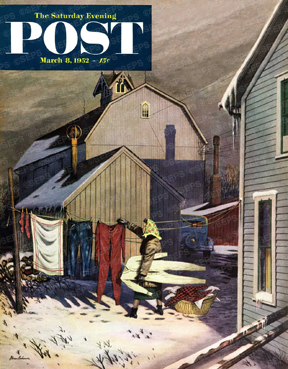 Woman removing clothes frozen stiff on line