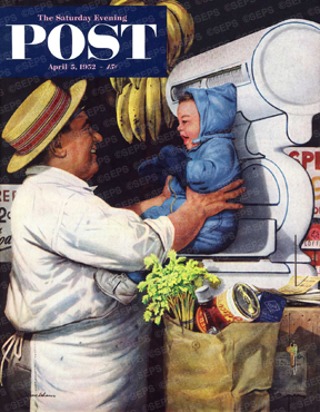 Grocer weighing baby on produce scale