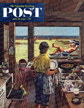 Family enjoying beach, mom doing dishes