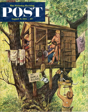 Boys' tree house, with sign, "No Girls Allowed"
