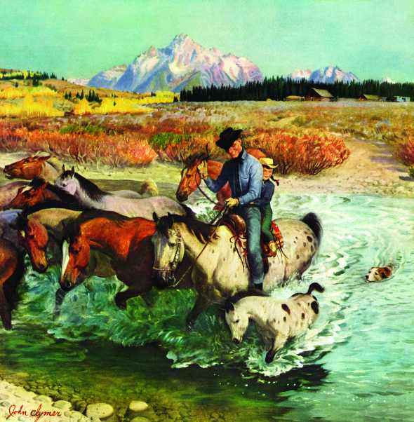 A cowboy and his daughter leading horses through a shallow creek
