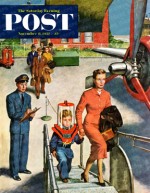 Boy in space helmet boards airplane with mother