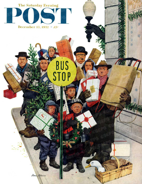 Crowd with Christmas packages waiting for bus