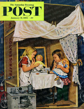 Girls playing house in packing crate