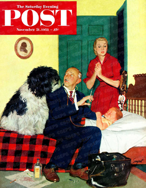 Dog watches as doctor gives boy a shot