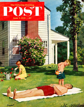 Son waters father, asleep on lawn, with sprinking can