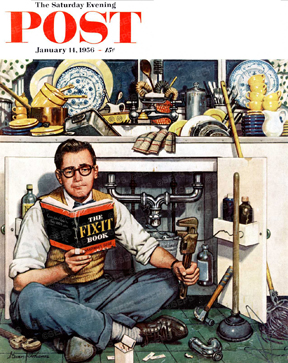 Man under sink reading Fix-It book