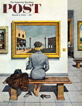 Art lover with tired feet, rests on bench