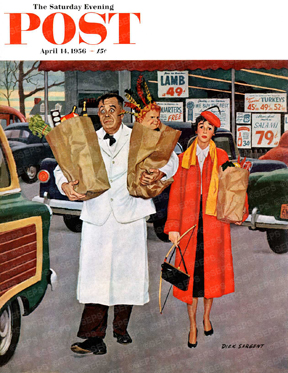 Exasperated clerk carrying boy out of store in sack