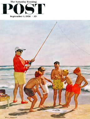 Boys laughing at man's tiny fish caught surf casting