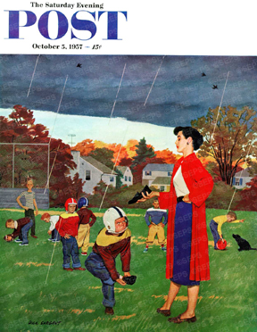 Mother brings rubbers to boy playing football in rain