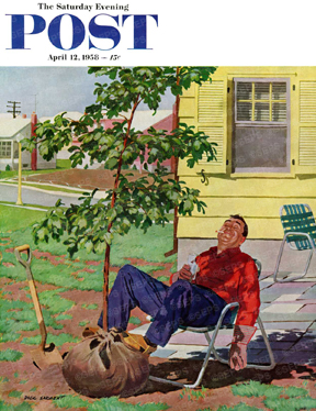 Man resting in shade of yet-to-be-planted tree