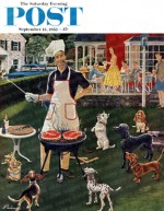 Man cooking on his barbeque grill during a party; dogs are crowding around him.