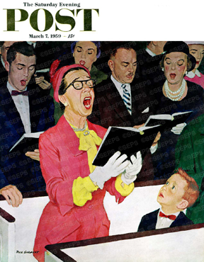 Boy in church staring at open mouth of loud hymn singer