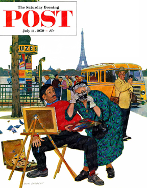 Paris tourist photographing artist's canvas