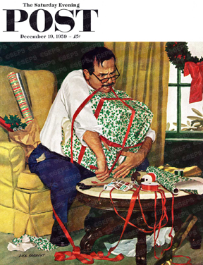 Frustrated man trying to wrap big gift