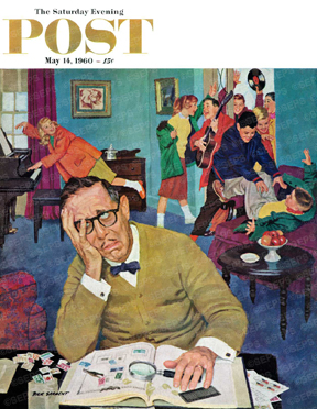 Teenagers party while dad works with stamps