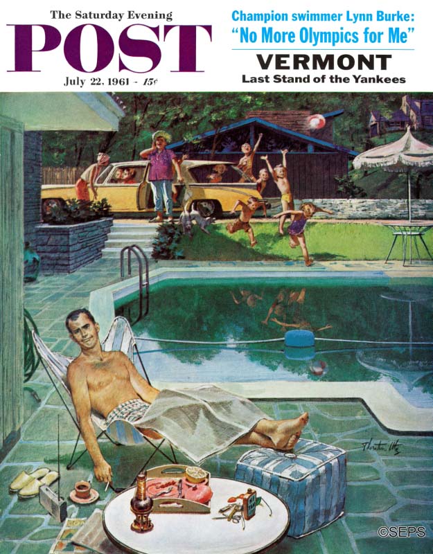 Man dozing by pool as company arrives