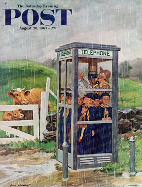 Cub Scouts in phone booth during rain near cow pasture