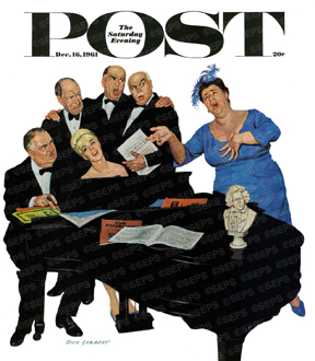 Old men around pretty pianist frown at singing matron