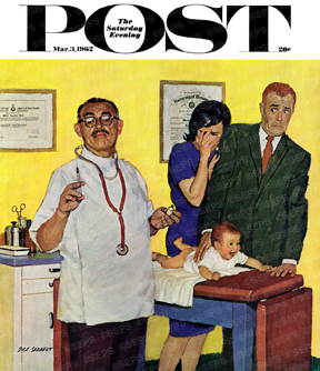 Doctor giving baby his first shot, parents cringe