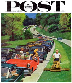 Traffic jam–man mowing meridian goes faster