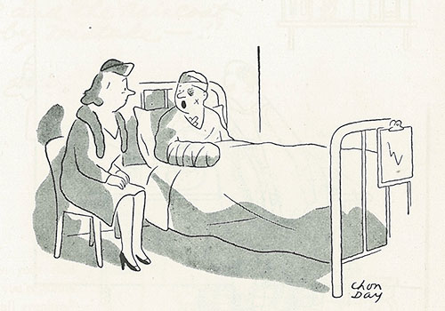 Accident-1947 Injured man speaks to his wife as she sits next to his hospital bed.