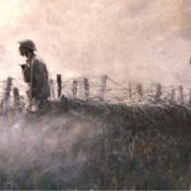 World War I soldiers walking through a battlefield
