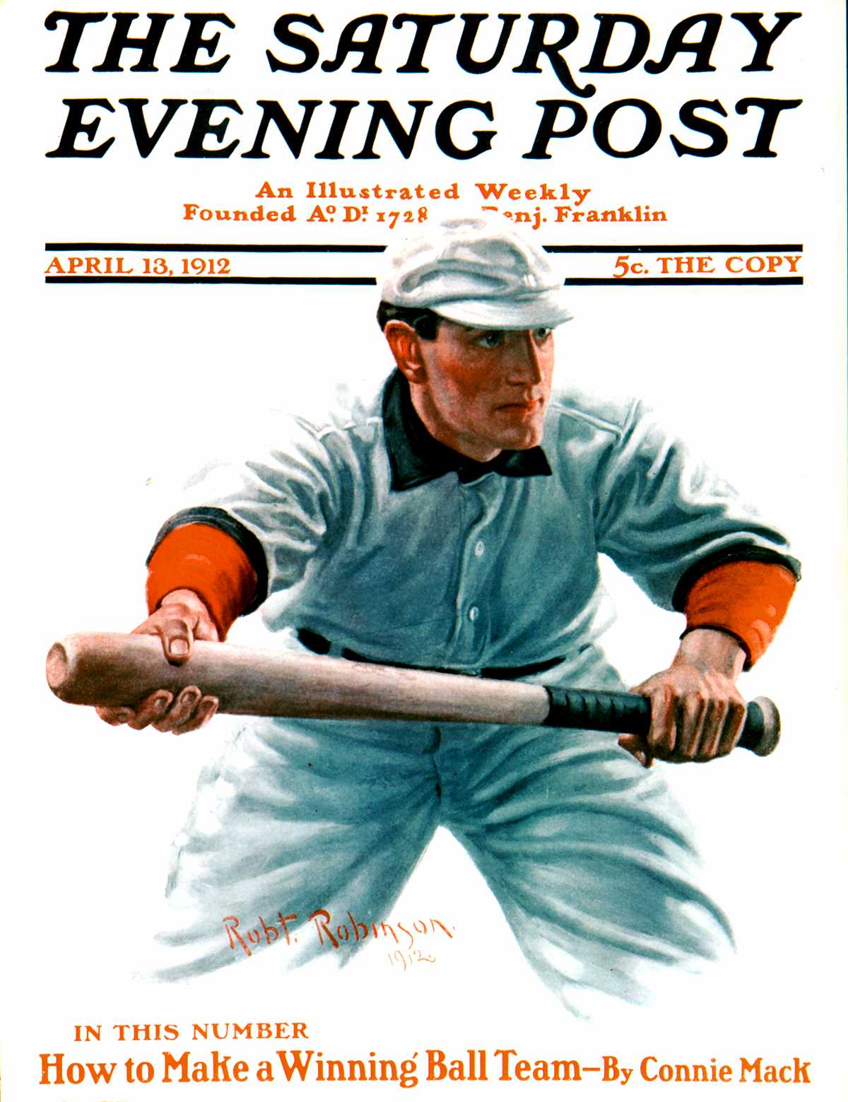 Cover of <em>The Saturday Evening Post<.em>, April 13, 1912 by Robert Robinson. The issue featured an article by then-manager of the Philadelphia Athletics baseball team, Connie Mack.