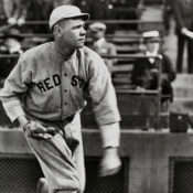 Babe Ruth pitching in a Red Sox uniform.