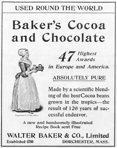 Ad for Baker's cocoa and chocolate cake, with an illustration of a maid holding a tea tray.